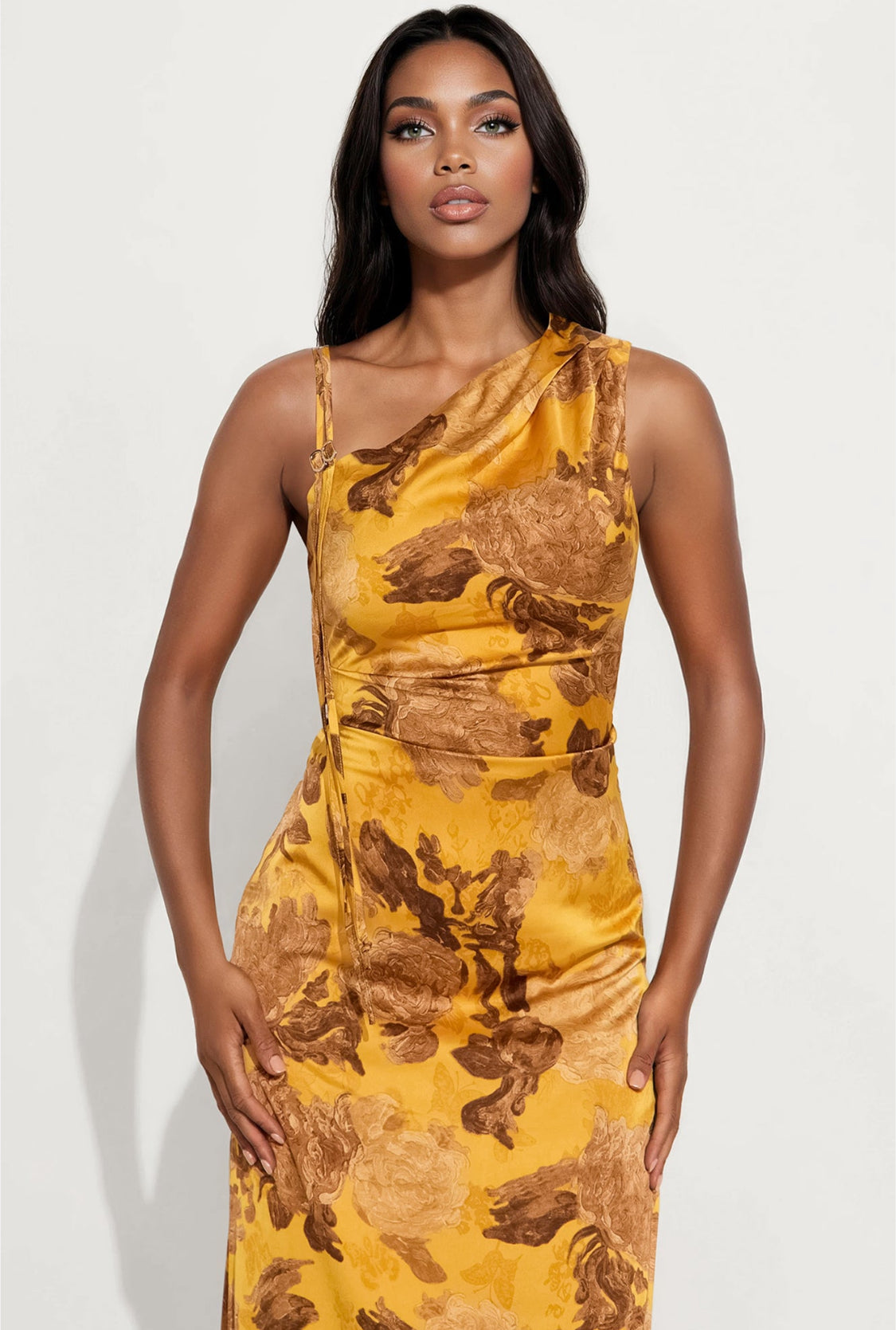Delphina One Shoulder Satin Maxi Dress (Yellow/Gold)