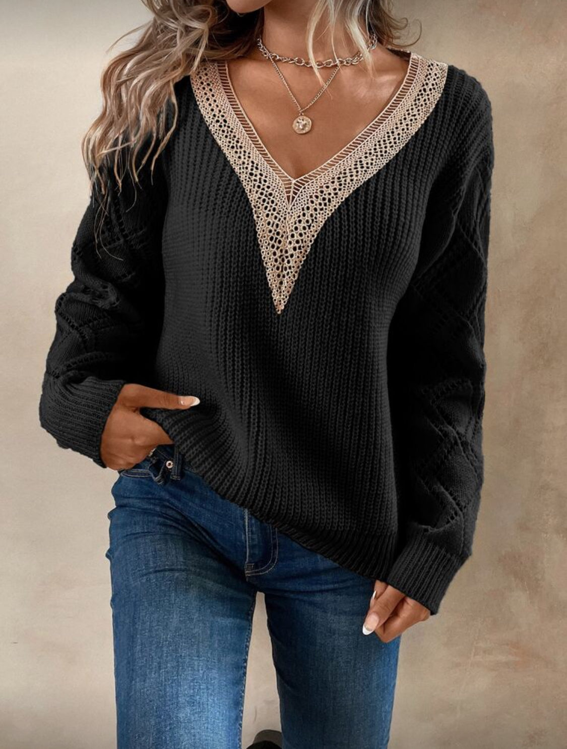 Guipure Lace Panel Pointelle Knit Drop Shoulder Sweater (Black)