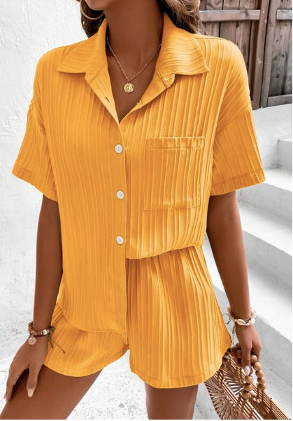 Anna Drop Shoulder Pocket Patched Shirt & Short Co-Ords-2PCS (Yellow)