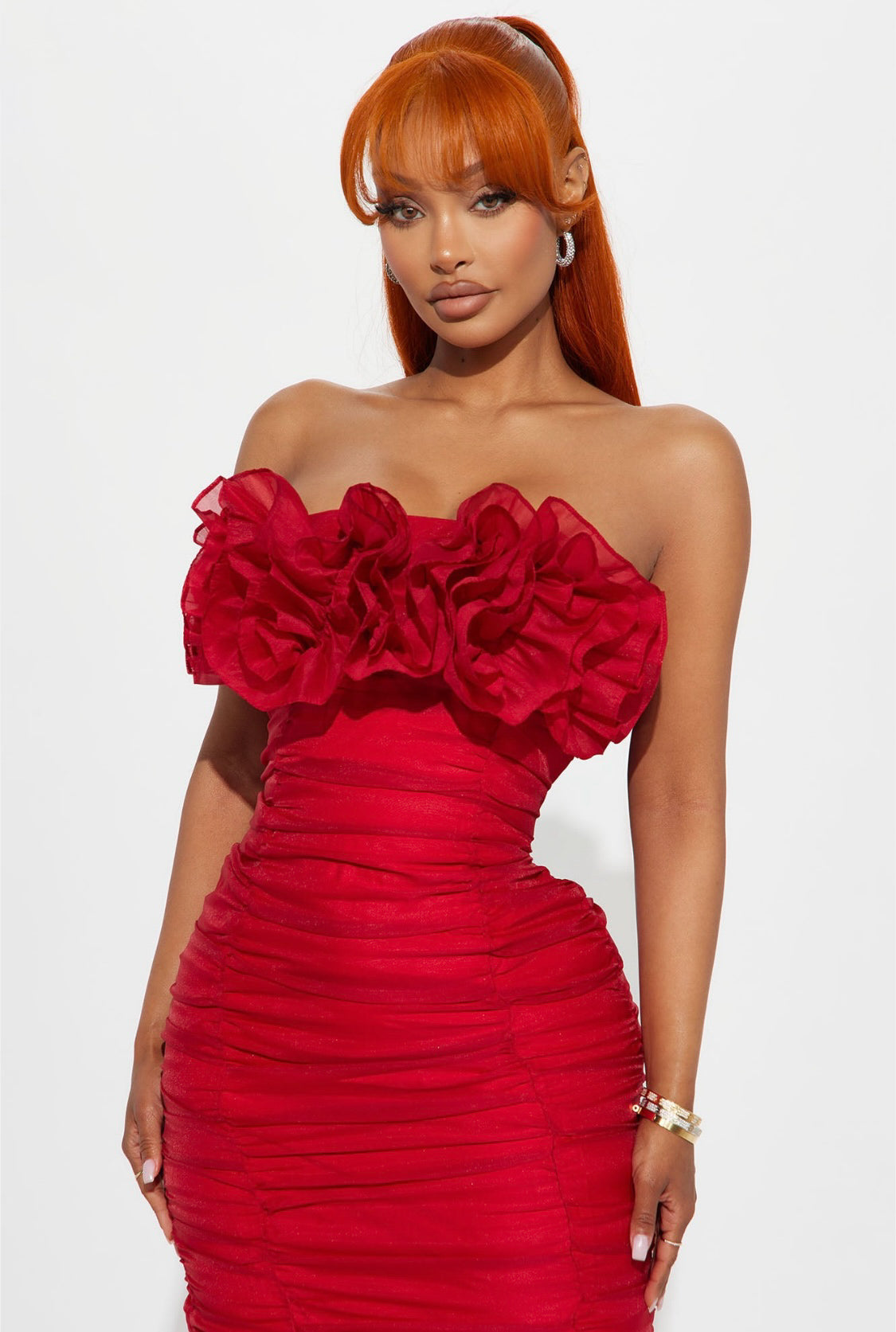 Lola 3D Flowers Bustier Organza Midi Dress (Red)