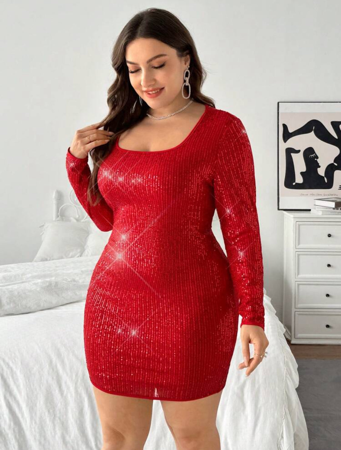 Cataluna Square Neck Plus Sequin Dress (Red)