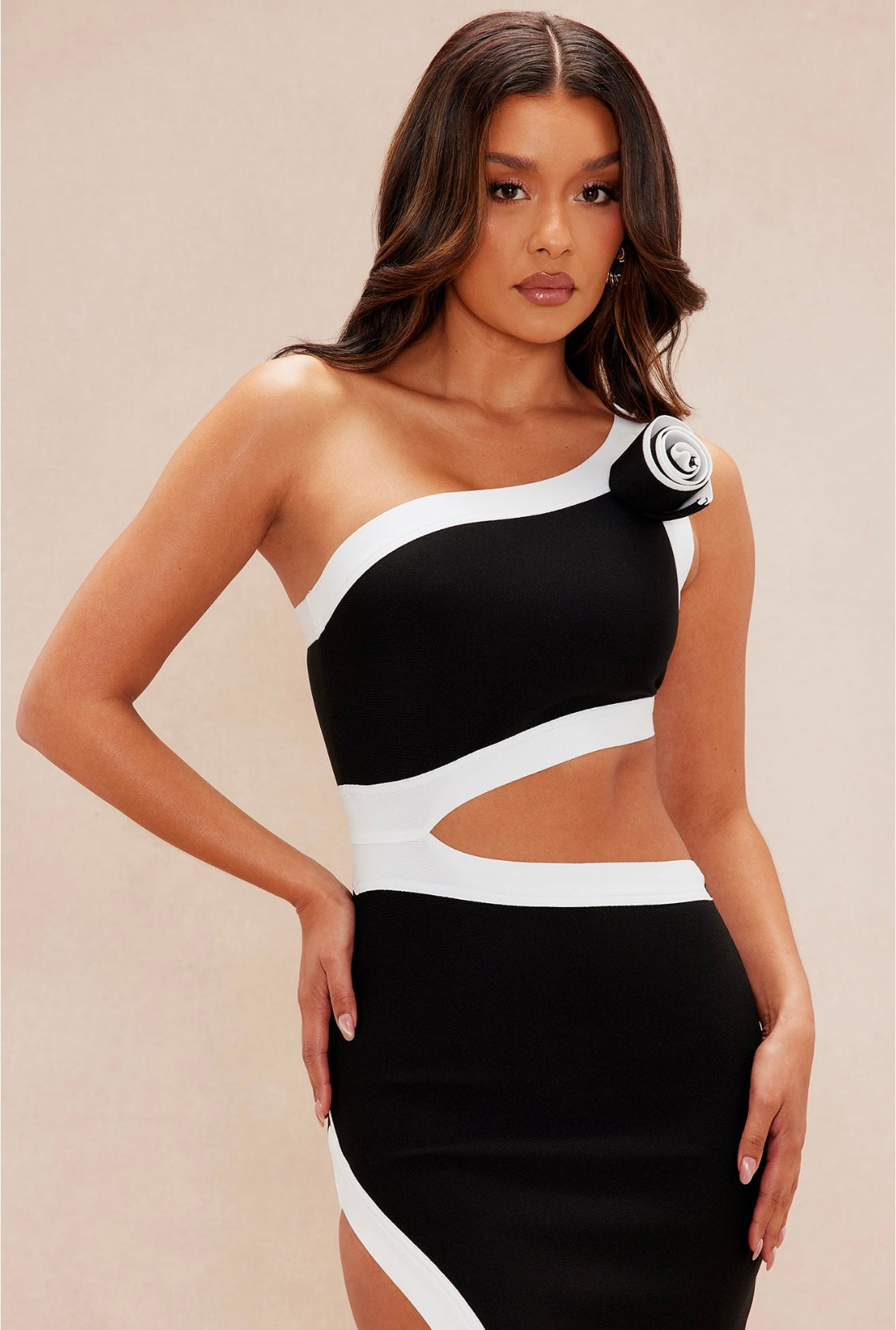 Bella B One Shoulder Bandage Dress (Black / White)