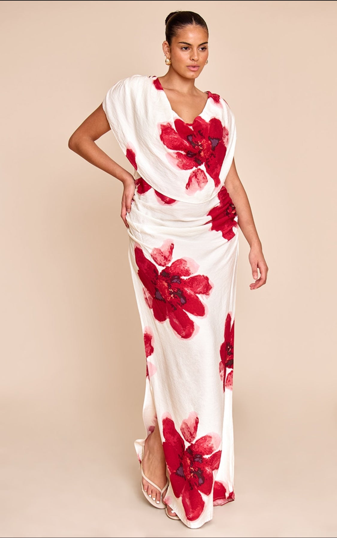 Pilar Plus Floral Extreme Cowl Ruched Dress (White/Red)