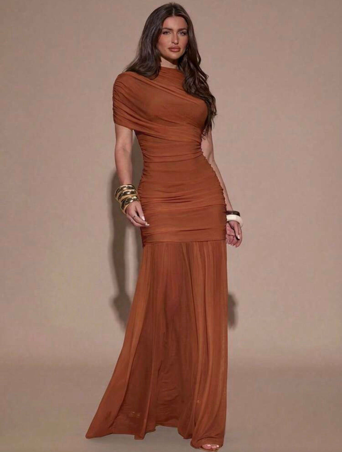 Amara Elegant Neck Ruched Mermaid Bottom Long Mesh Dress (Burnt Orange)