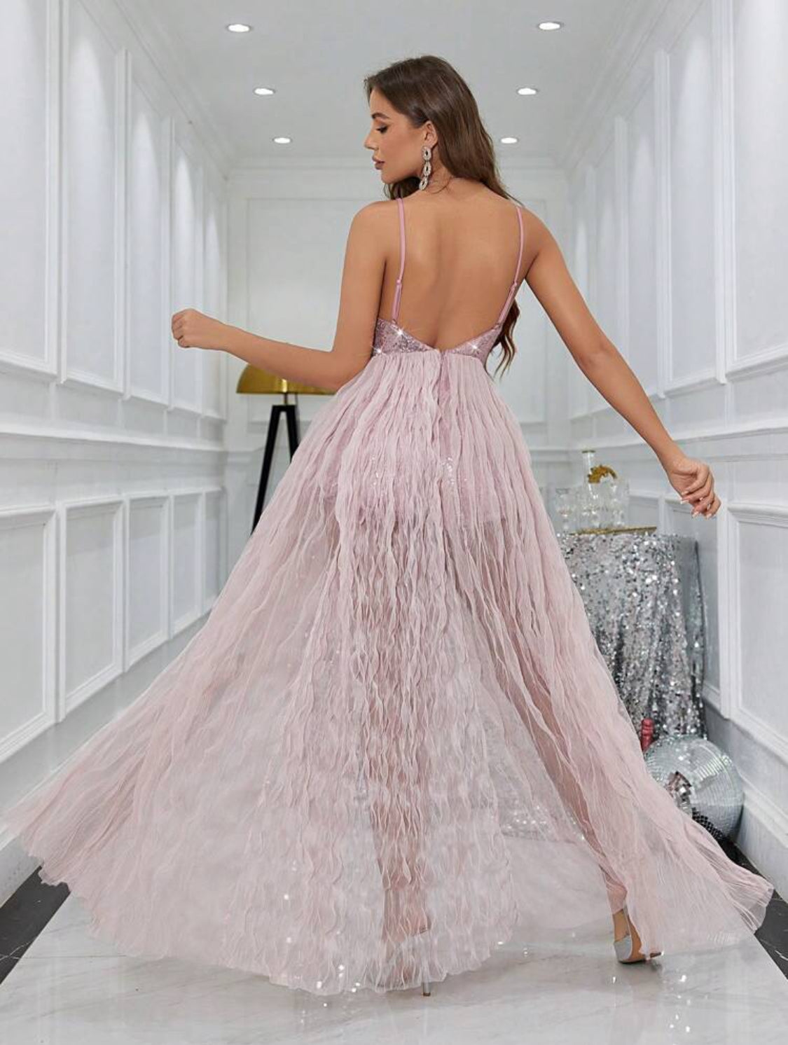 Bella Rosa Sequin Body High Split Dress (Dusty Rose)