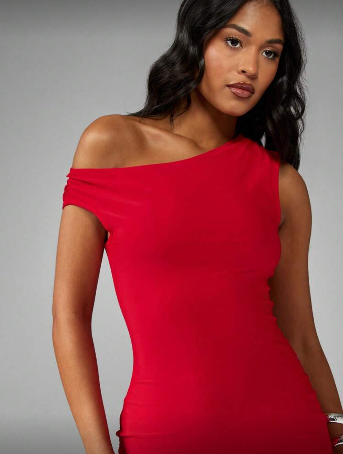 Salma Asymmetrical Long Lycra Blend Dress (Red)