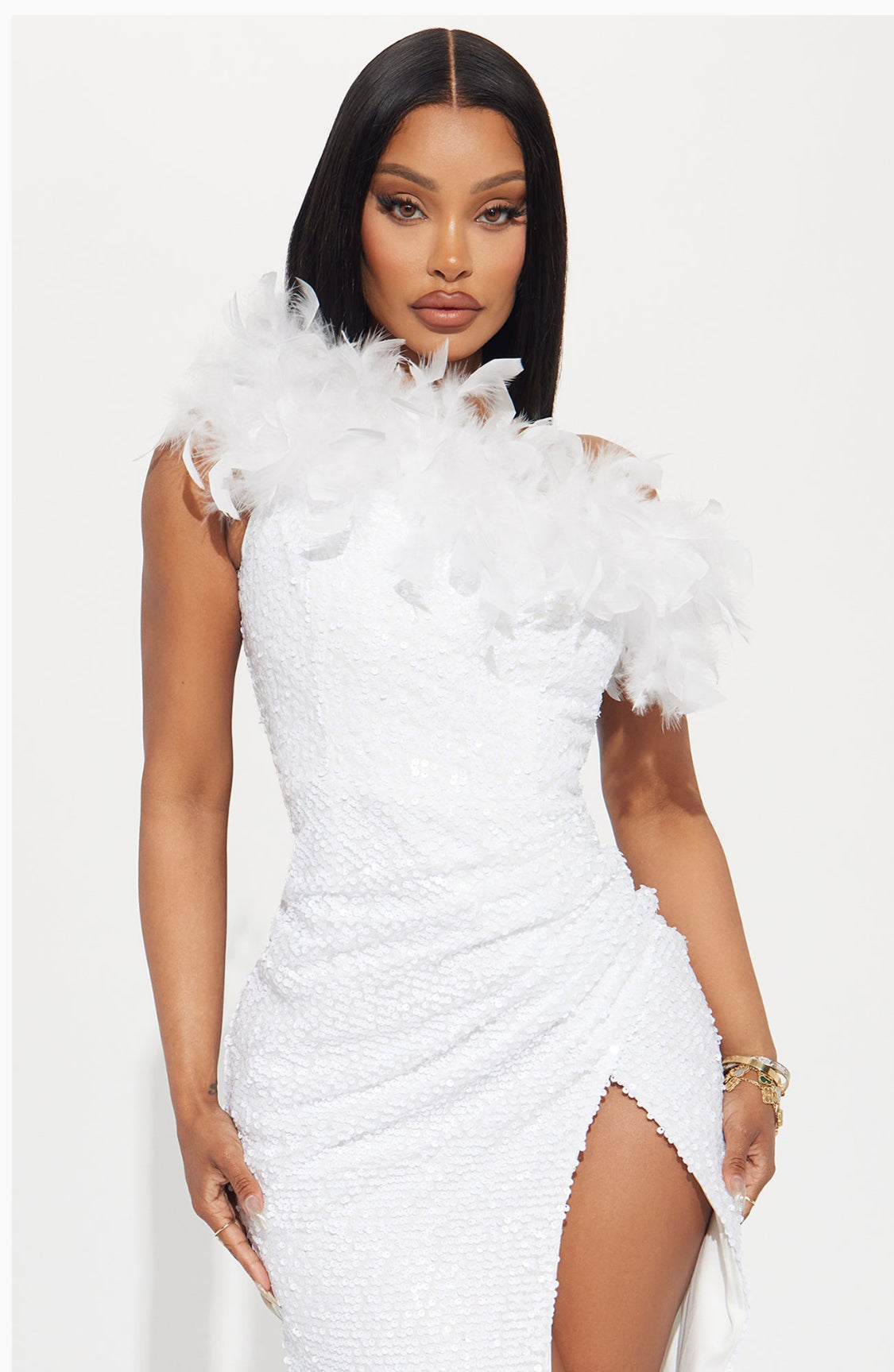 Diva Fluffy Neck Asymmetrical Maxi Dress (White)