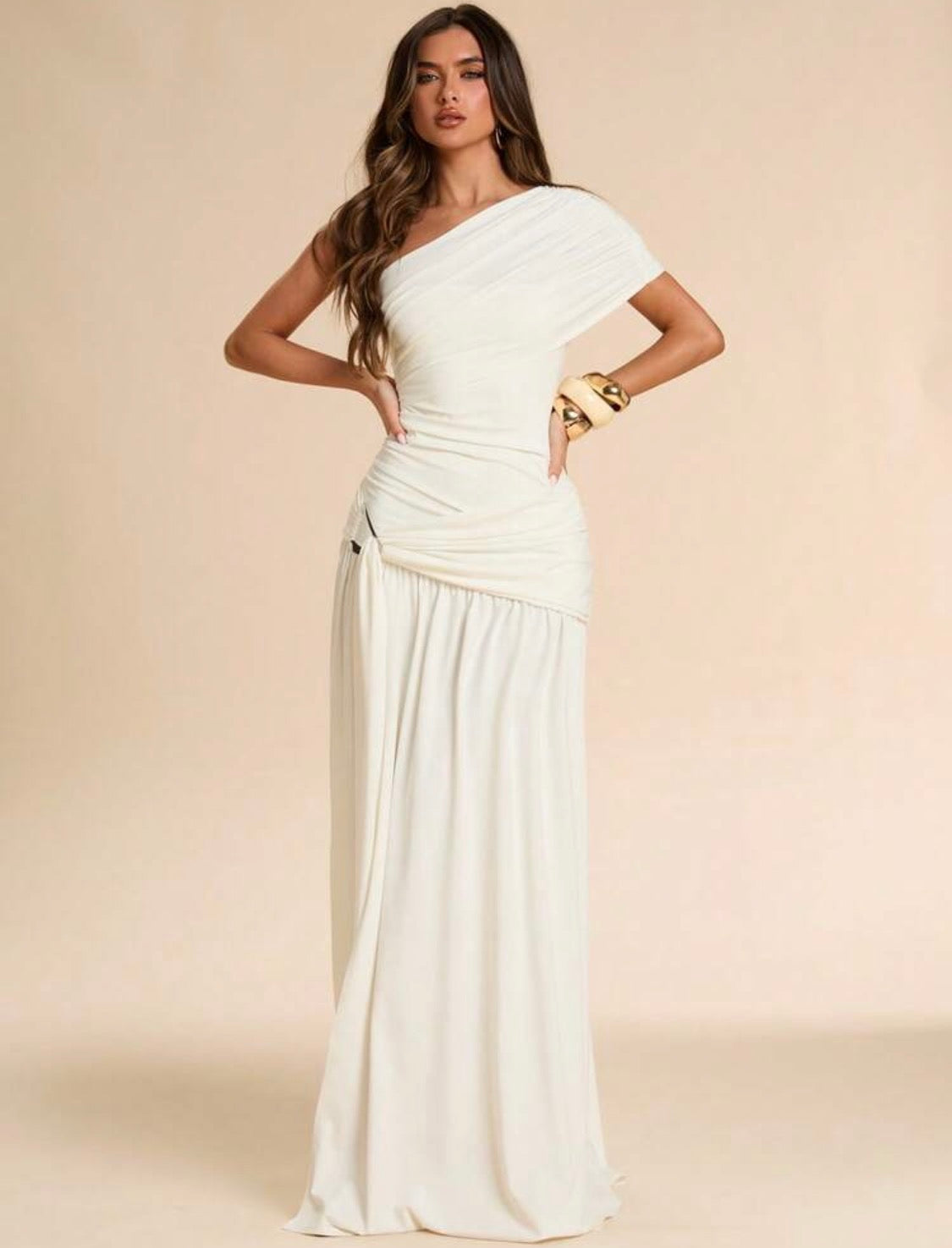Yris Pleated Asymmetrical Buckle Lycra Dress (White)