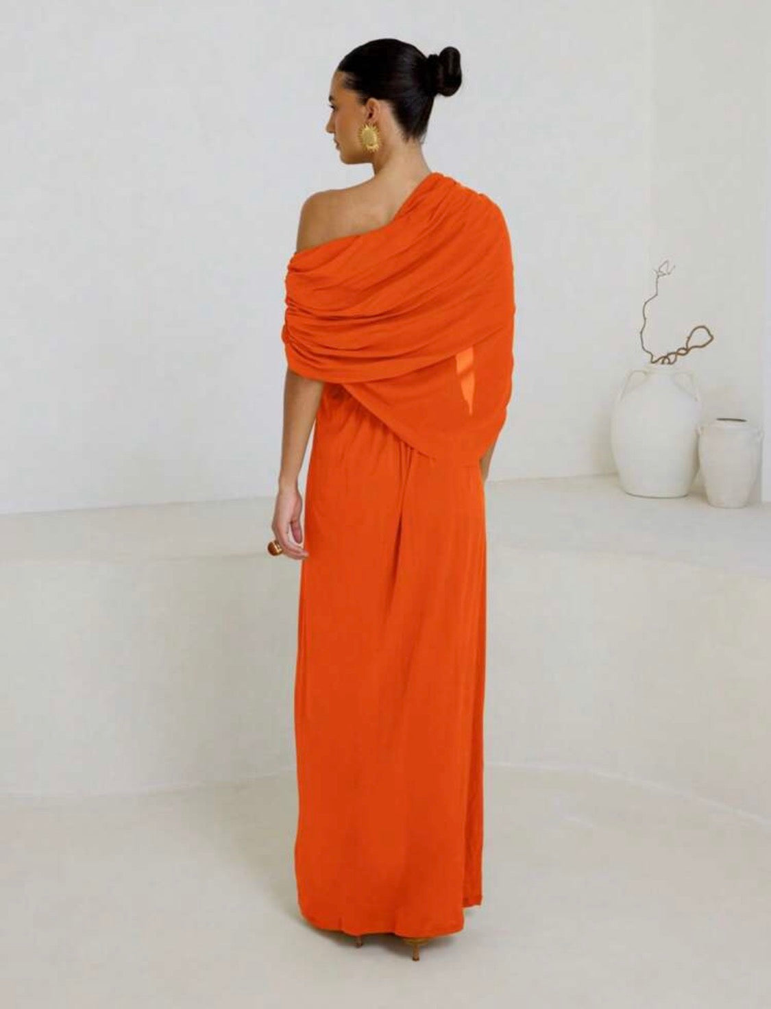 Bali Draped One Shoulder Beach Sheer Cover-Up Mesh Dress (Orange)