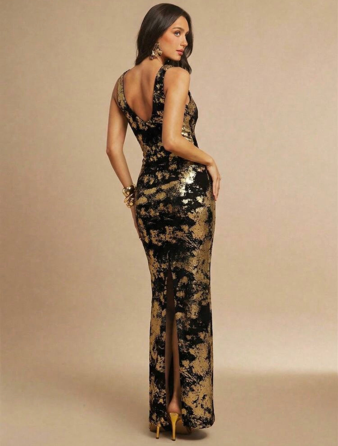 Betz Fav Gold Foil Elegant Sexy Mesh Maxi Dress (Black/Gold)
