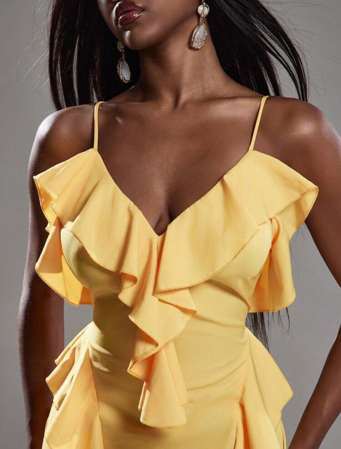 Celestia V-Neck Plunge Ruffles Maxi Dress (Yellow)