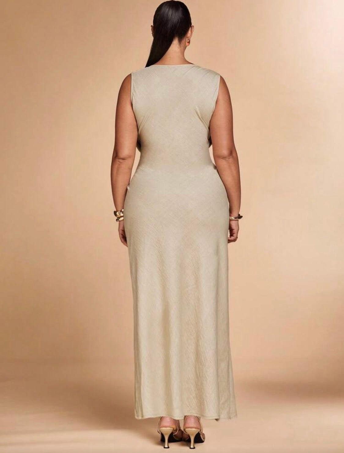 Kaia Collar Ruched Side Buckle Plus Size Dress (Khaki)