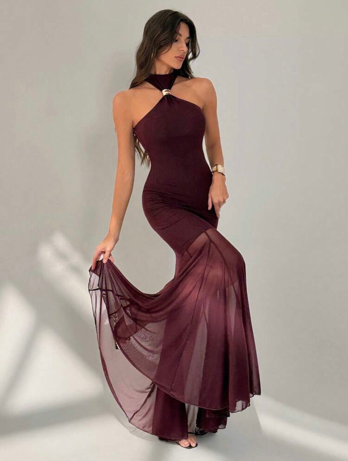 Isolde Solid High Neck Halter Neck Buckle Bottom Ruched Mermaid Mesh Dress (Maroon)