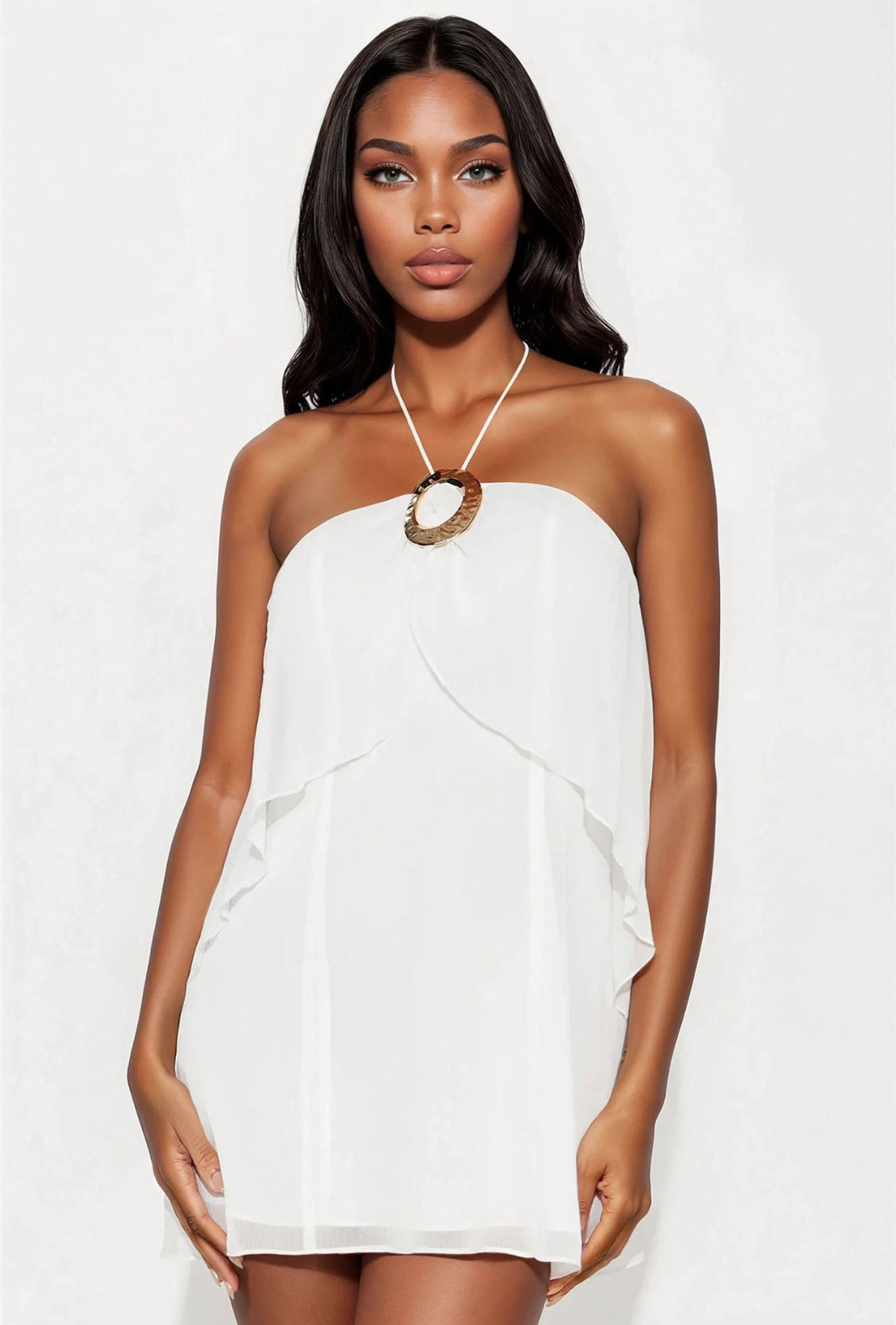 Ambre Strapless Buckle Ruffle Mini Dress (White)