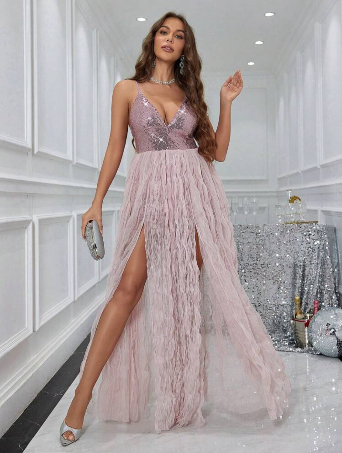 Bella Rosa Sequin Body High Split Dress (Dusty Rose)