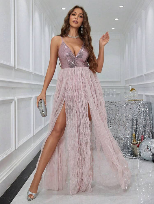 Bella Rosa Sequin Body High Split Dress (Dusty Rose)