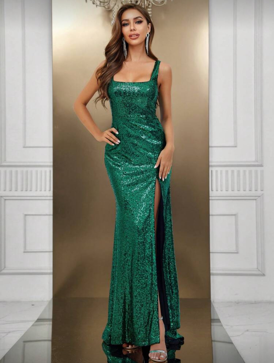 Emilia Square Neck Strap Long Sequin Dress (Emerald Green)