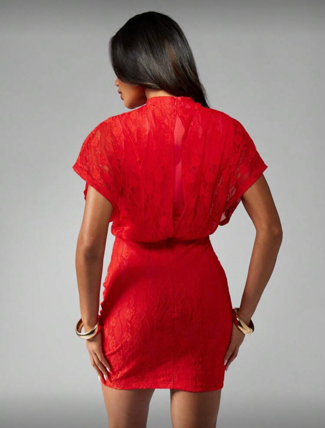 Yulia Batwings Sleeves Lace Dress (Red)