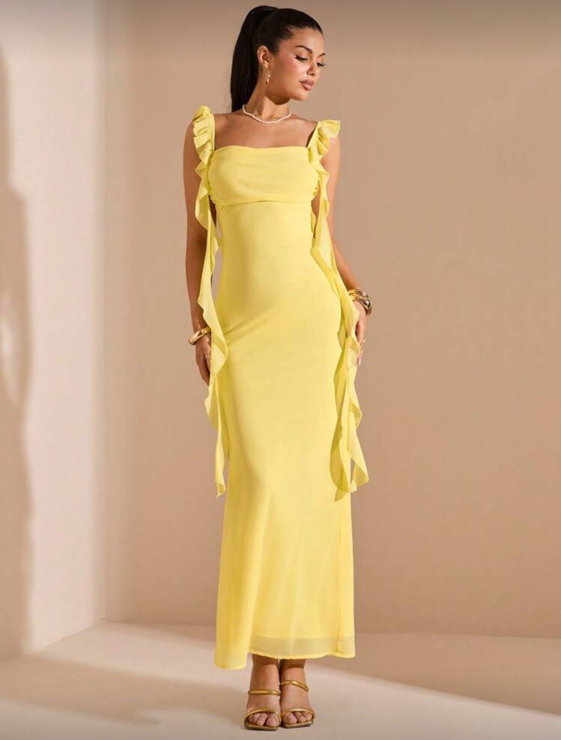 Jenny Ruffles Straps Long Dress (Yellow)