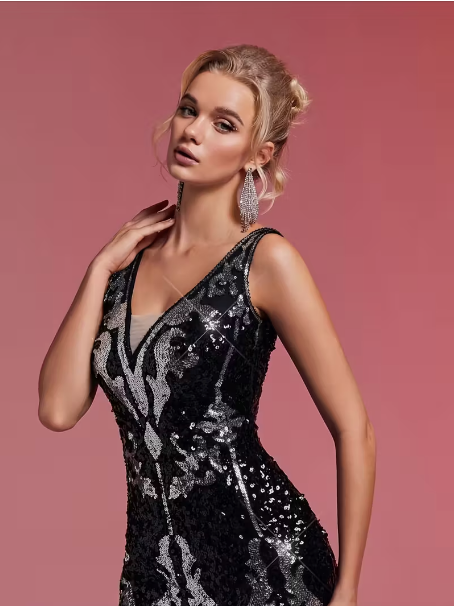 Gabrielle Gatsby V-Neck Tassel Fringe Sequin Dress (Black/Silver)