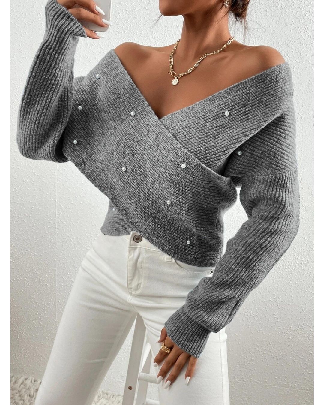 Gray Pearl Beaded Drop Shoulder Cross Sweater