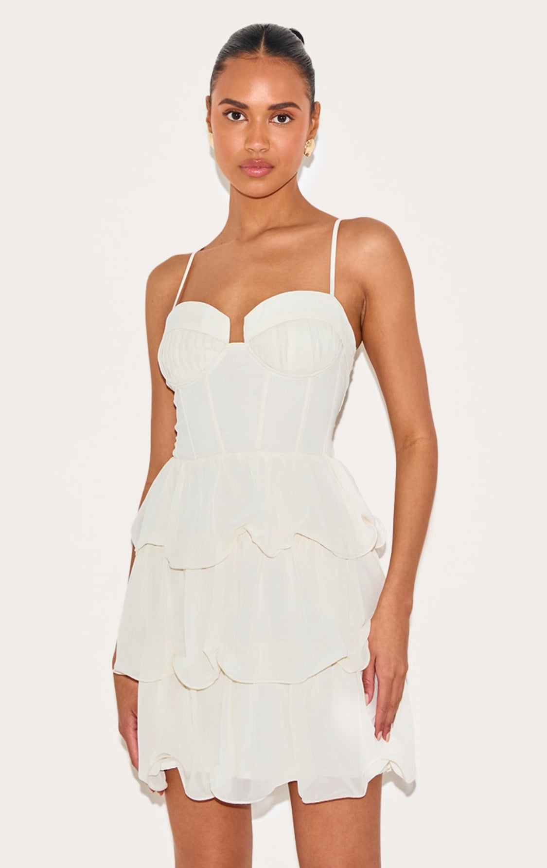 Almond Chiffon Pleat Cup Frill Dress (White)