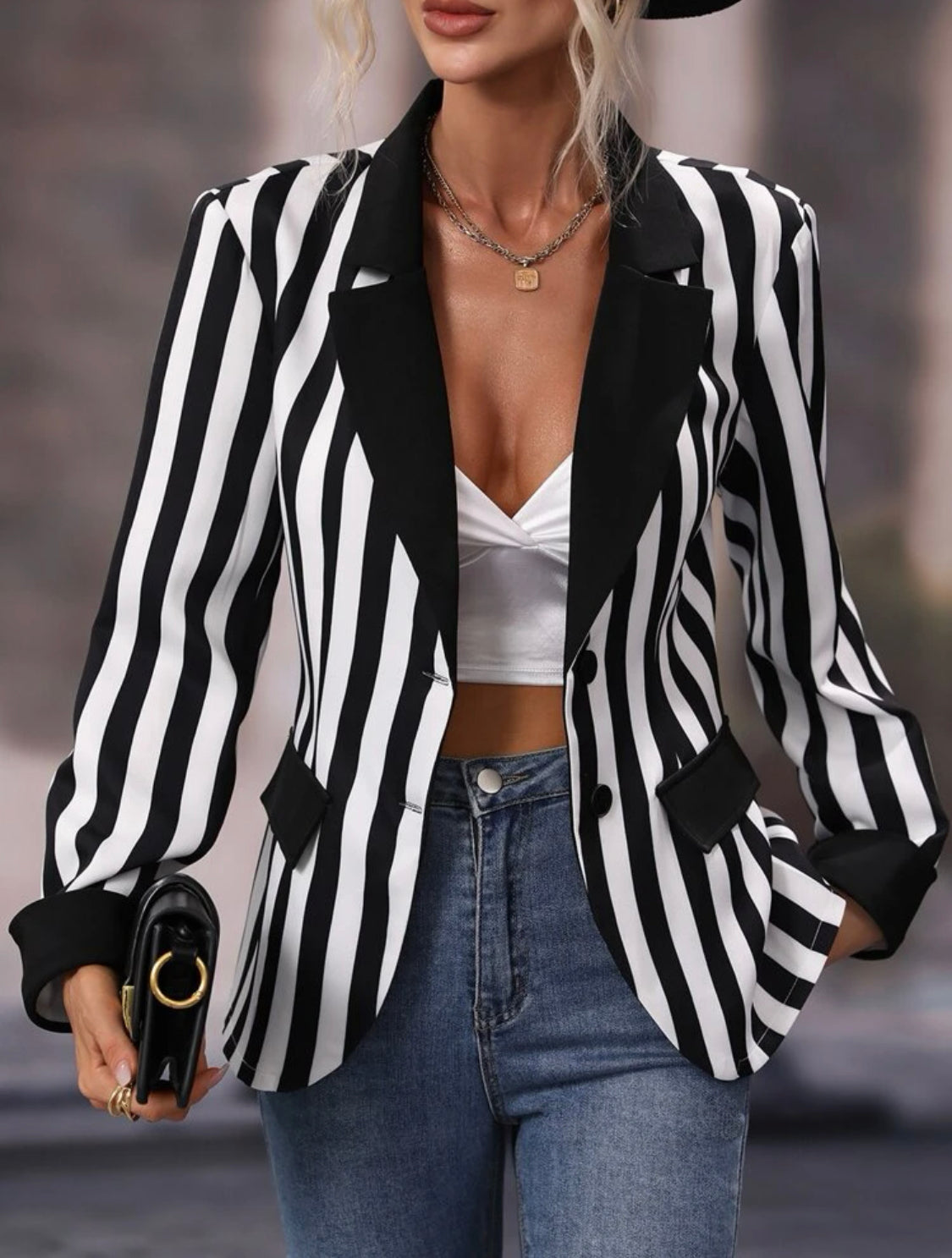 Classy Work Strips Button Blazer (Black/White)