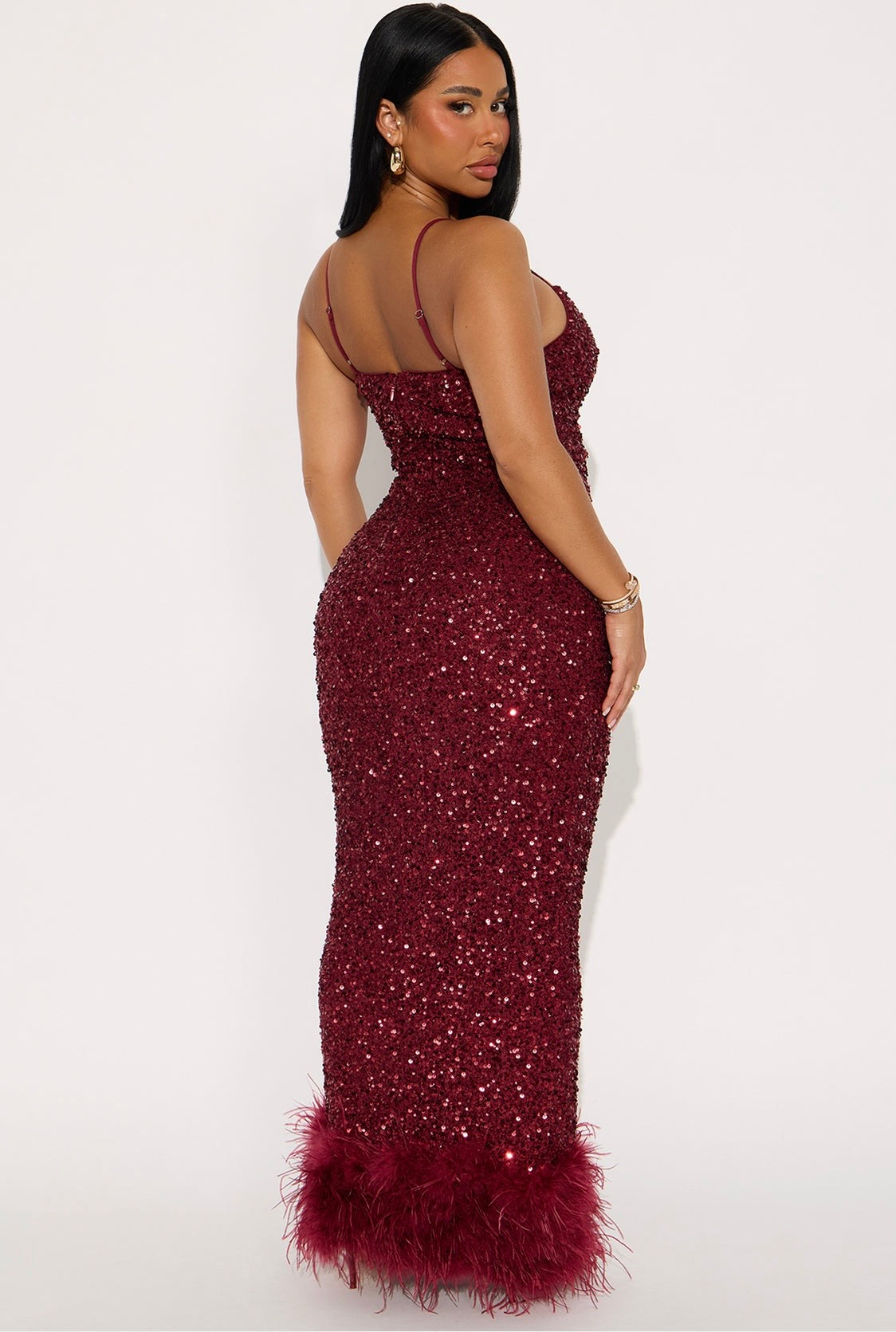 Uma Sequin Fluffy Bottom Maxi Dress (Burgundy)