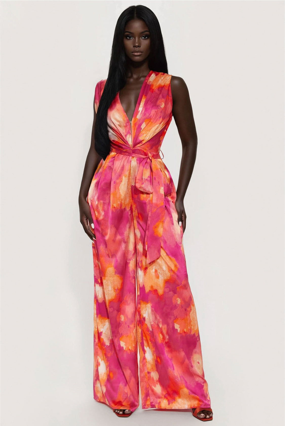 Miami Summer V Neck Satin Jumpsuit (Orange/ Fushia)