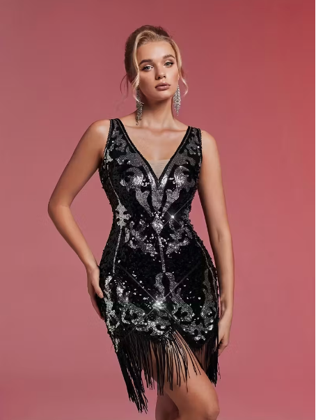 Gabrielle Gatsby V-Neck Tassel Fringe Sequin Dress (Black/Silver)