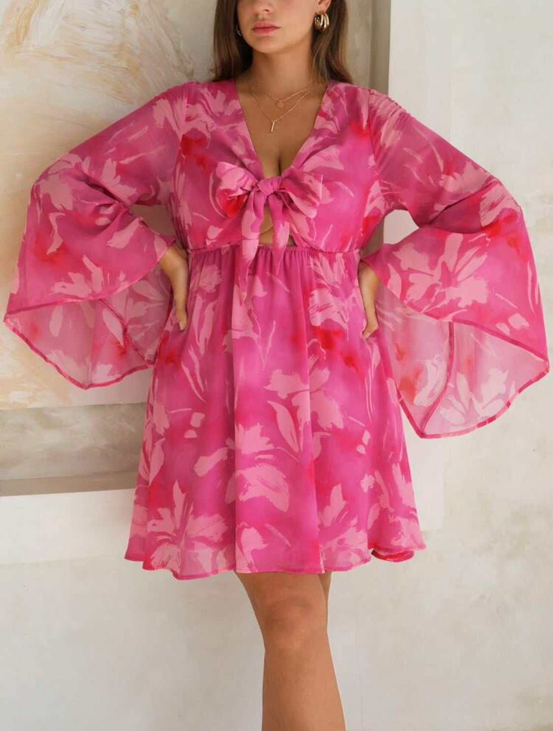 Holiday Summer Front Tied Floral Plus Size Dress (Pink)