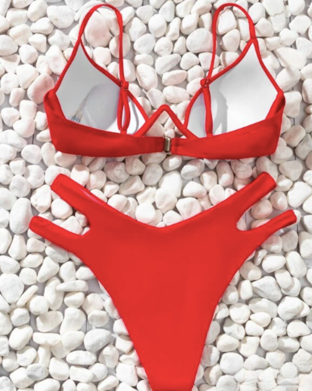 Solid Bikini Set Underwire Buckle Back Bra & Cut-Out High Cut Bottom (Red)