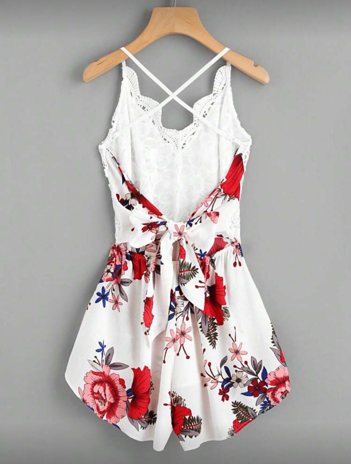 Crochet Lace Floral Print Cami Romper- Red