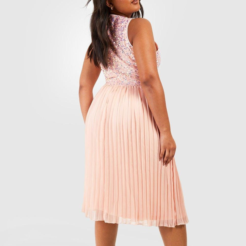 Plus Sequin and Chiffon Pleated Dress (Light Rose)