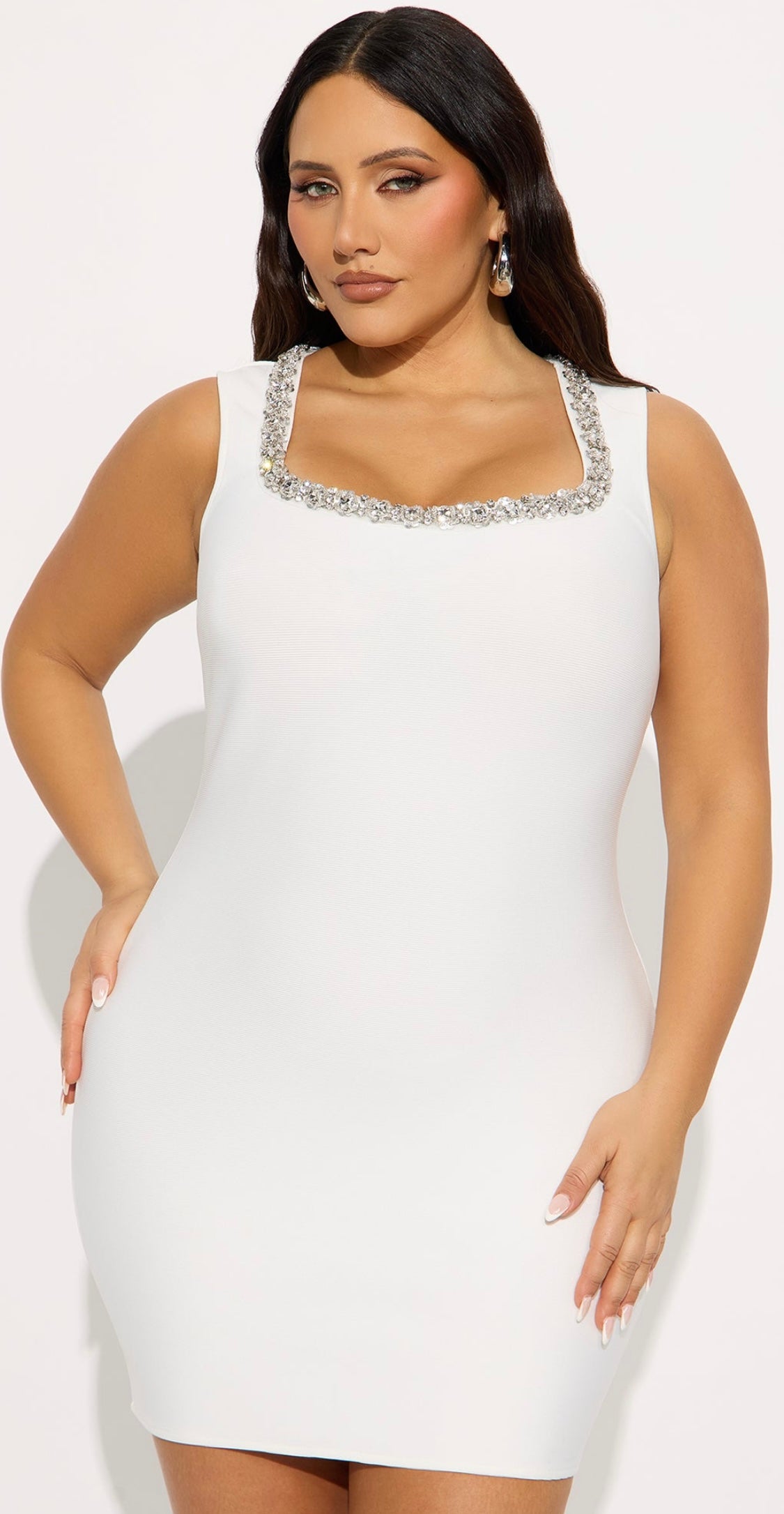 Ella Square Neck Rhinestones Bandage Dress (White)