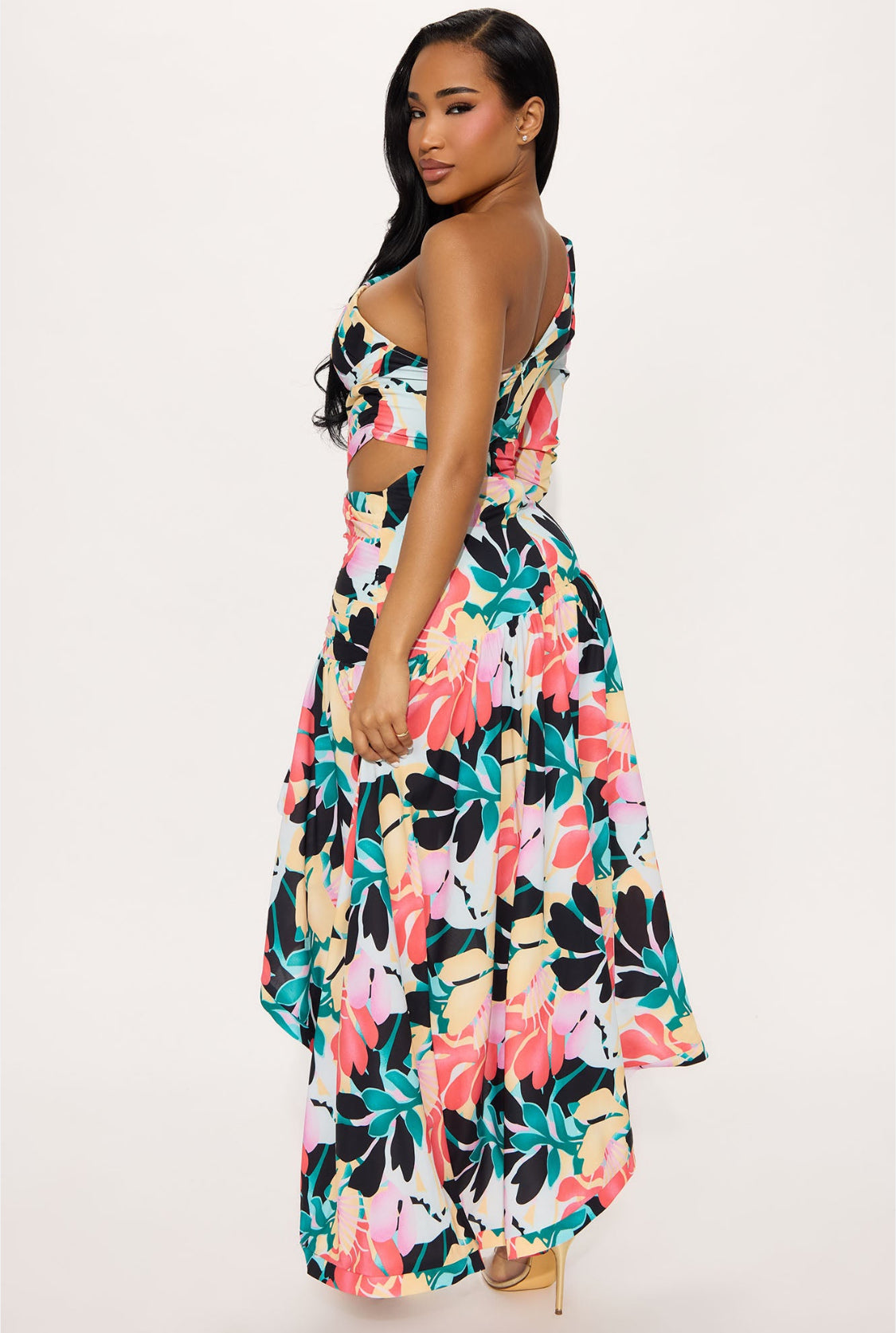 Zanzibar One Shoulder Cut Off Chiffon Maxi Dress (Pink/Green)