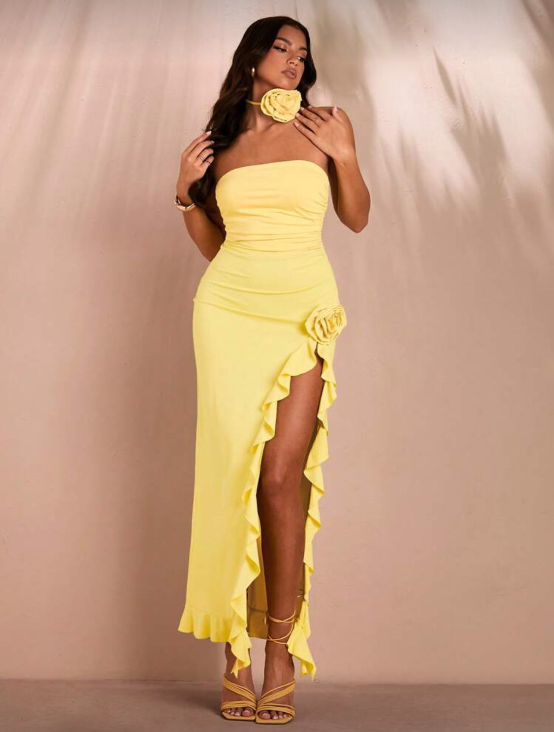 Bees Ruffles Flower Collar Bustier Long Dress (Yellow)