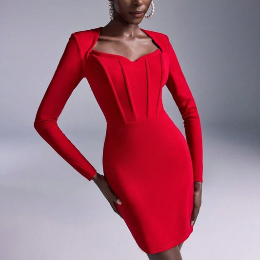 Paros Elegant Corset Waist Dress (Red)