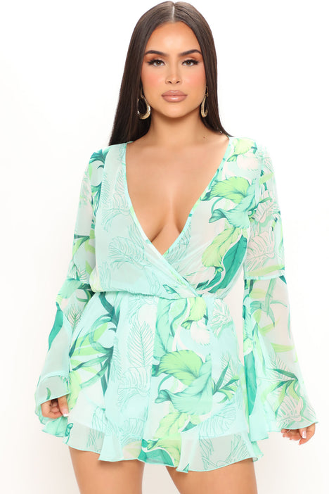 Tropical Getaway Long Sleeves Chiffon Romper (Green)
