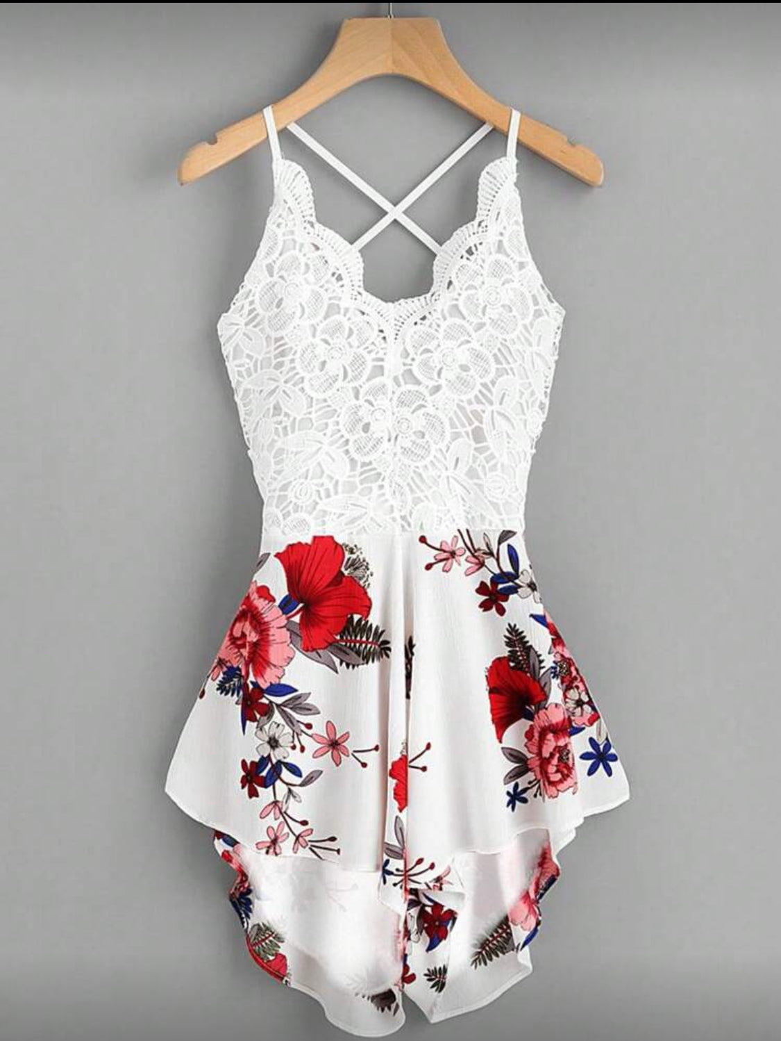 Crochet Lace Floral Print Cami Romper- Red