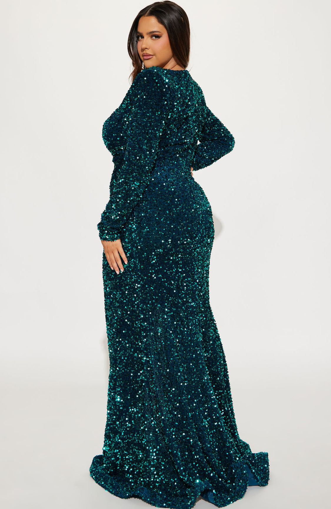 Gardenia V Plunge Long Sleeves Sequin Dress (Green)