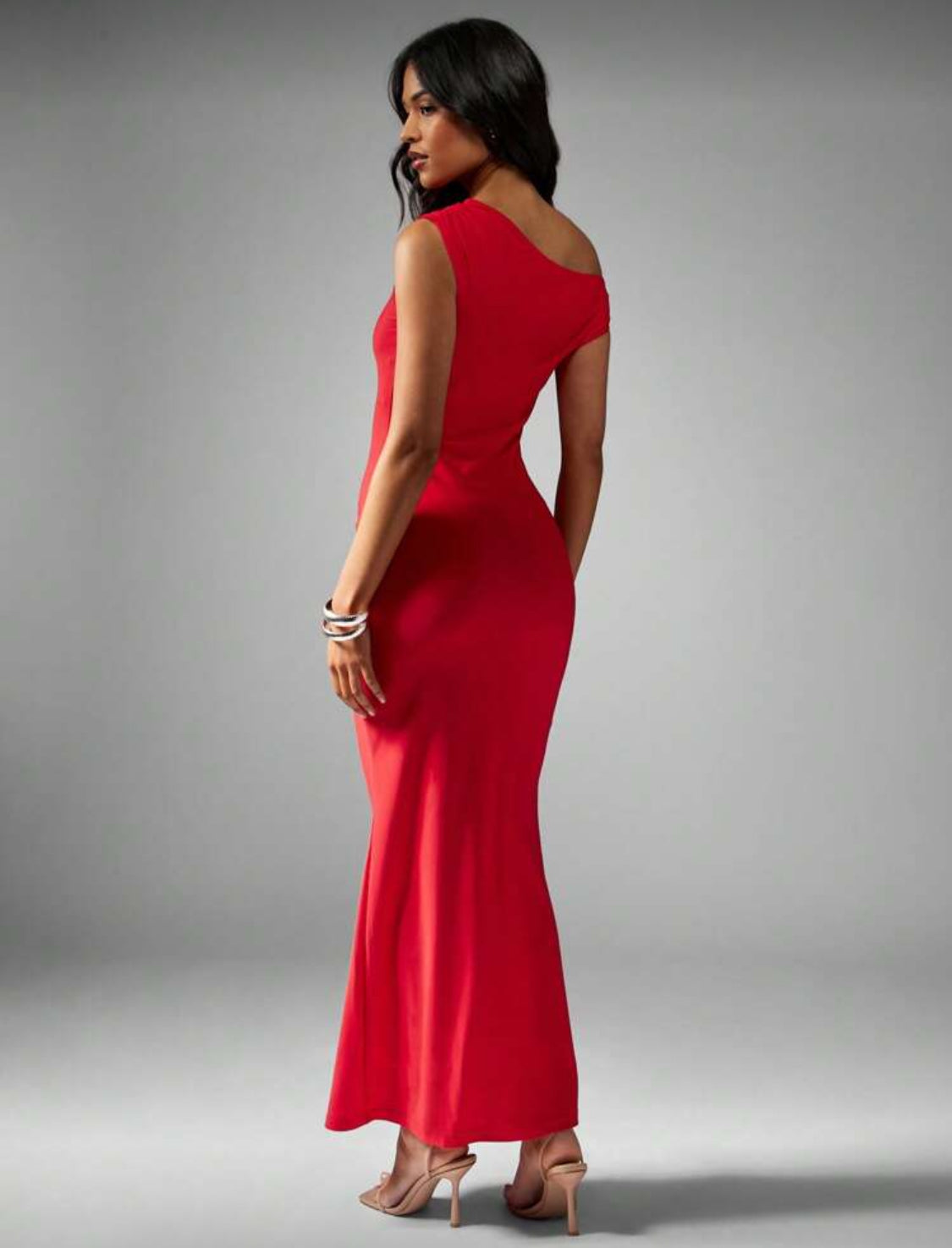 Salma Asymmetrical Long Lycra Blend Dress (Red)