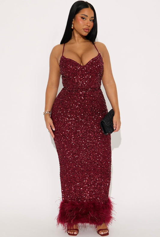 Uma Sequin Fluffy Bottom Maxi Dress (Burgundy)
