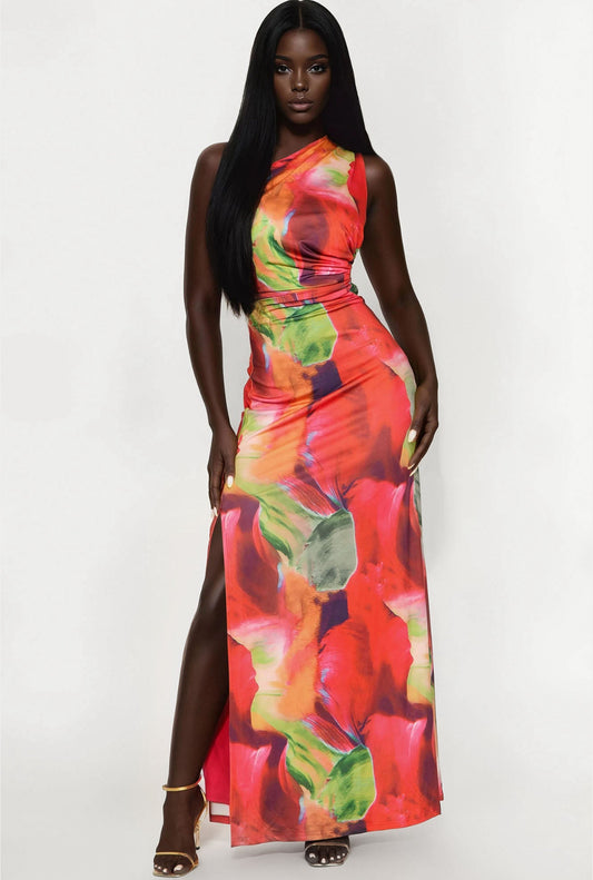 Gaby Chain Abstract Backless Maxi Dress (Orange/Green)