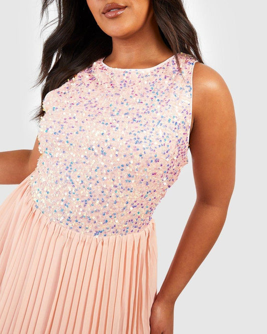 Plus Sequin and Chiffon Pleated Dress (Light Rose)