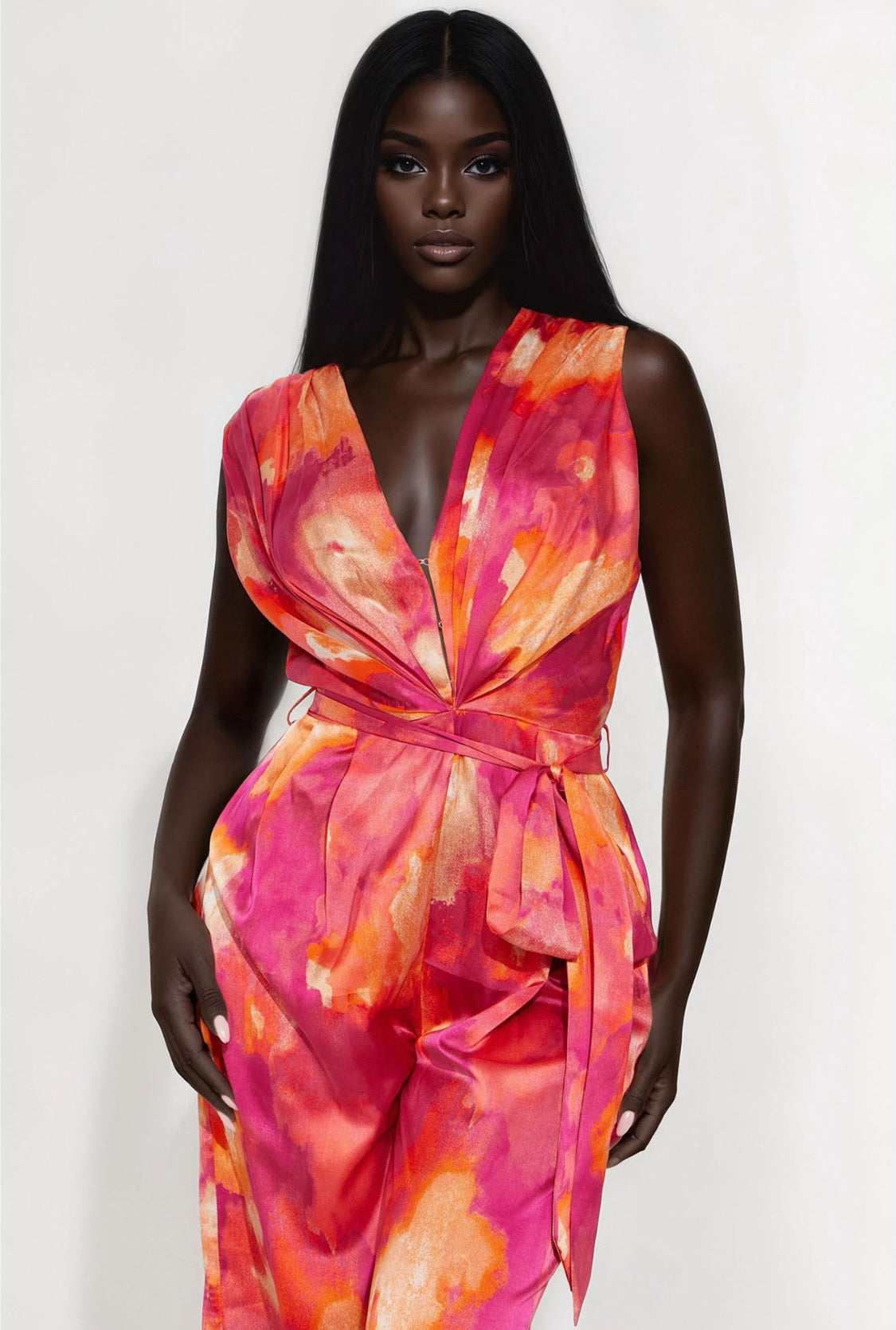 Miami Summer V Neck Satin Jumpsuit (Orange/ Fushia)