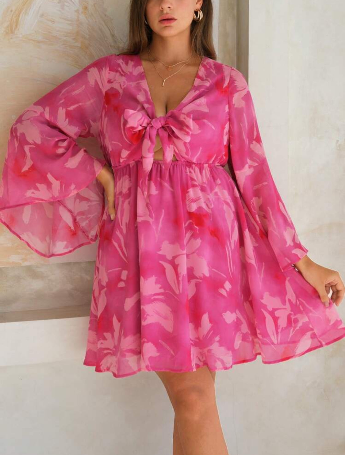 Holiday Summer Front Tied Floral Plus Size Dress (Pink)