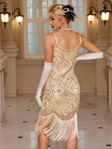 Luxe Straps Tassel Fringe Gatsby Dress- ( Gold/Champagne)