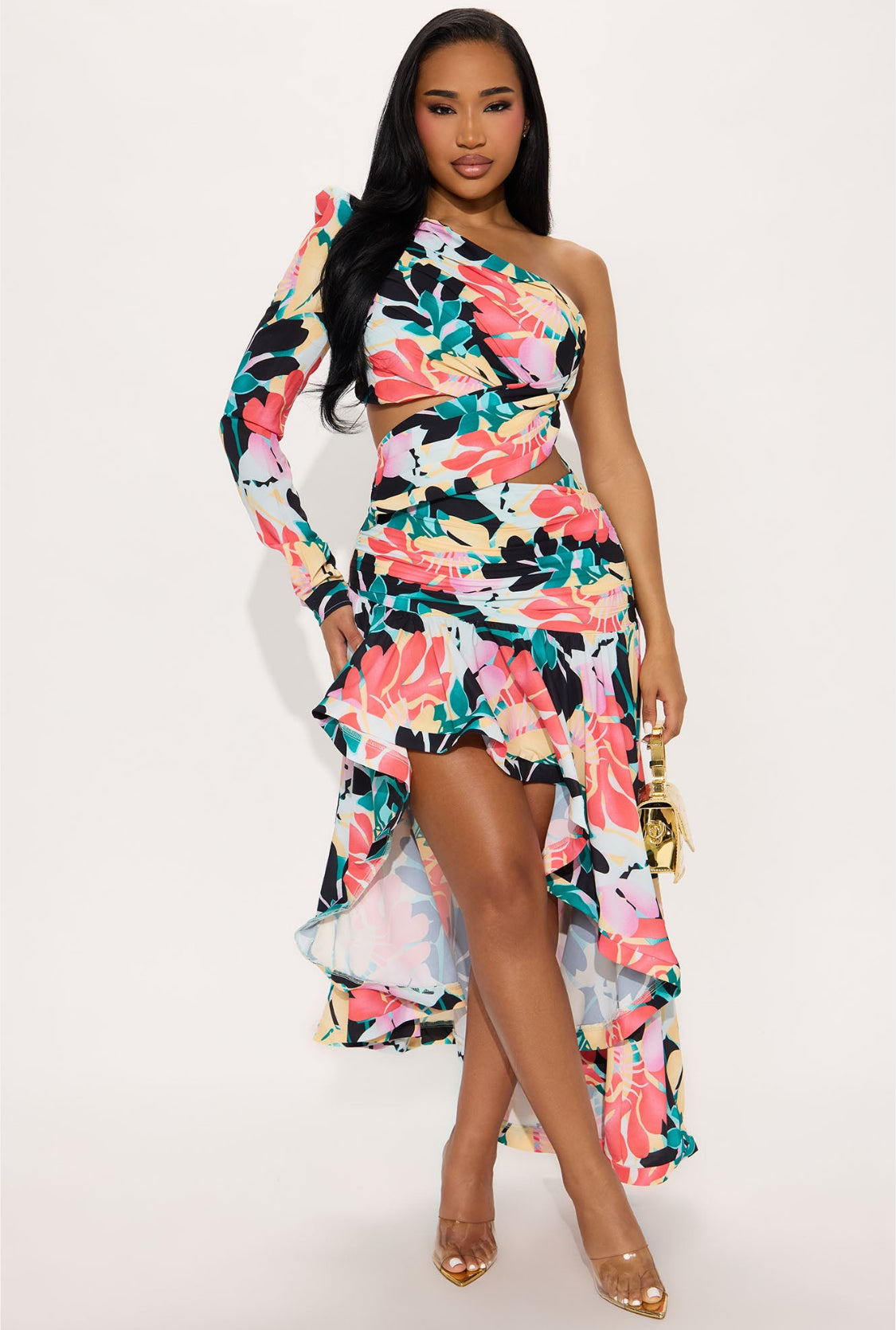 Zanzibar One Shoulder Cut Off Chiffon Maxi Dress (Pink/Green)