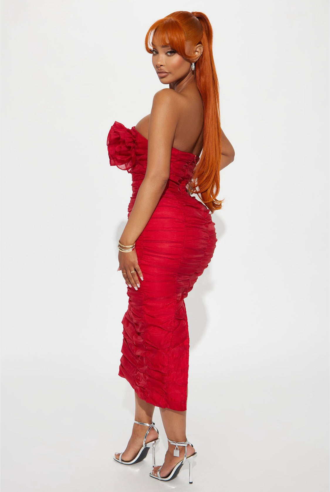 Lola 3D Flowers Bustier Organza Midi Dress (Red)